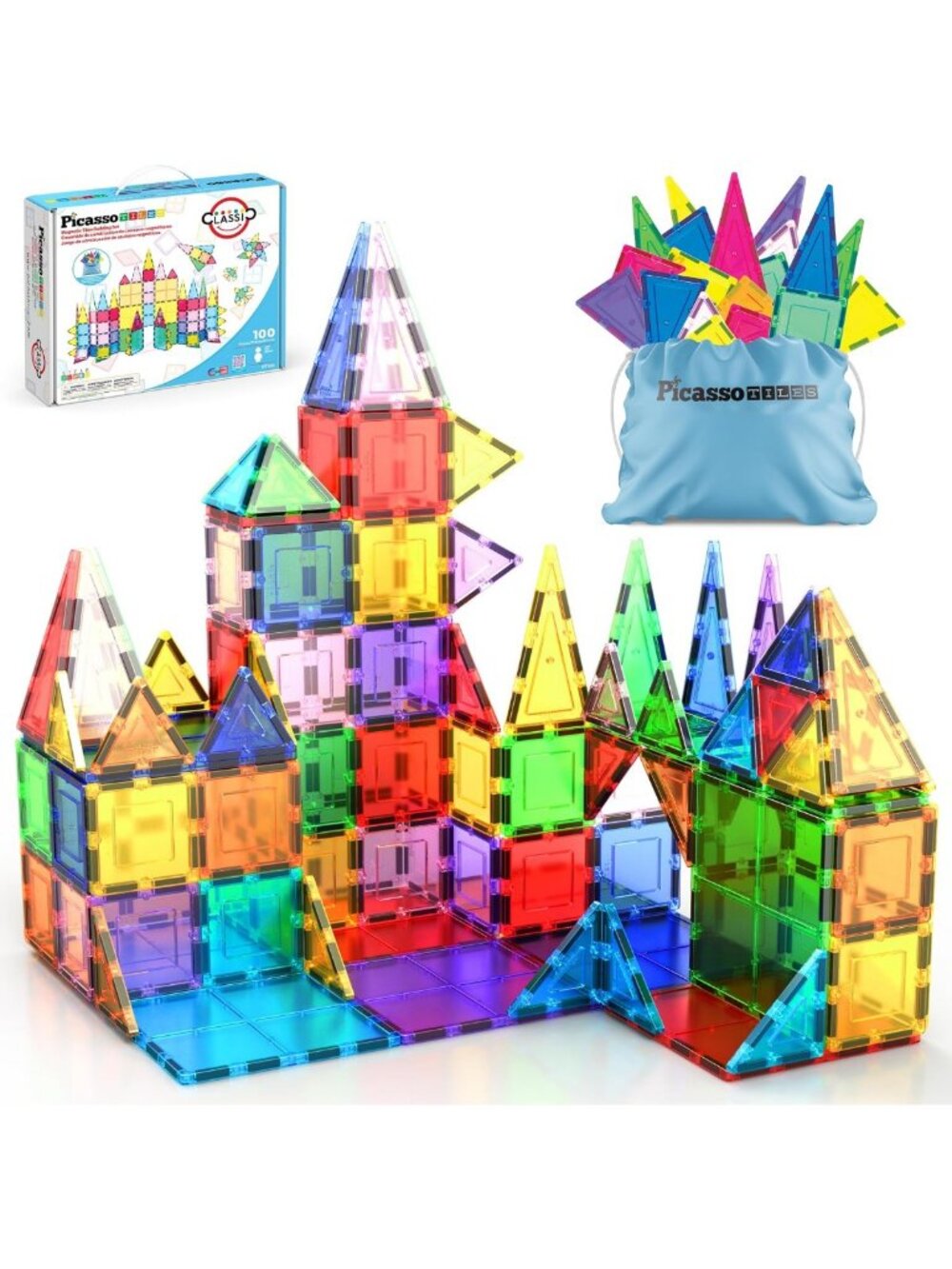 100-Piece Magnetic Building Tiles Set, Clear 3D Blocks for Kids 3+ - STEM